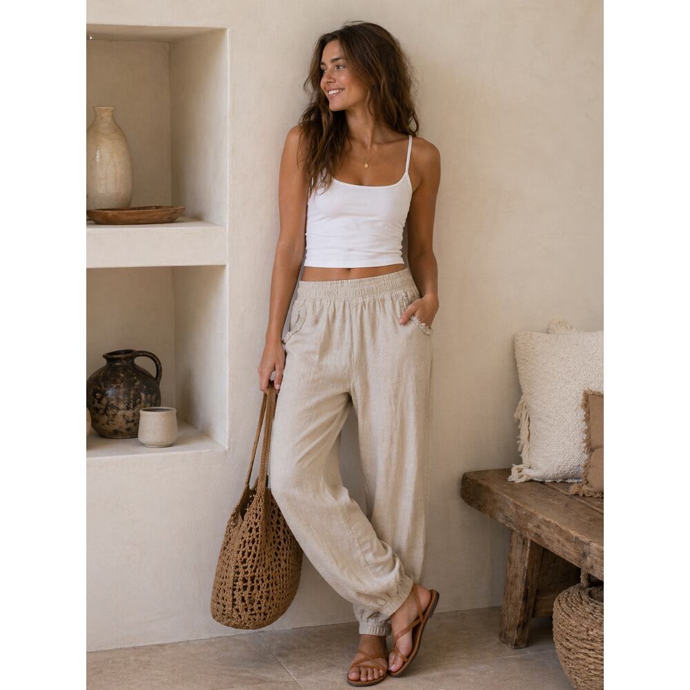 Umgee Boho Linen Joggers Girls Teen Small Frayed Pockets Relaxed Coastal Chic